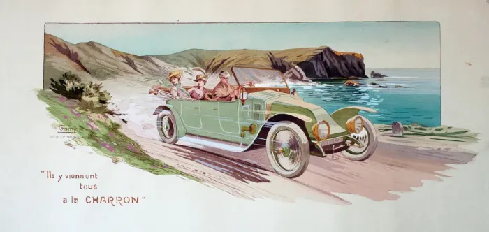 Framed Print : Pochoir print, early car with driver and two passengers - Ils y viennent tous a la Framed Print : Pochoir print, early car with driver and two passengers - Ils y viennent tous a la