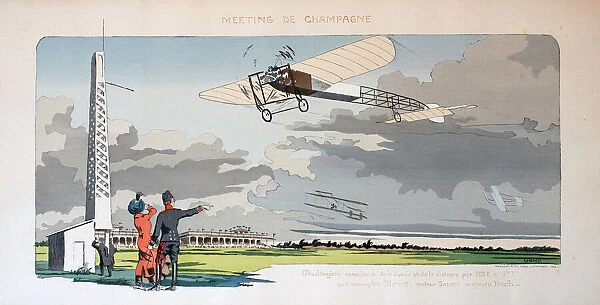 Pochoir print, Meeting de Champagne, Bleriot monoplane, Gnome engine, Bosch magneto