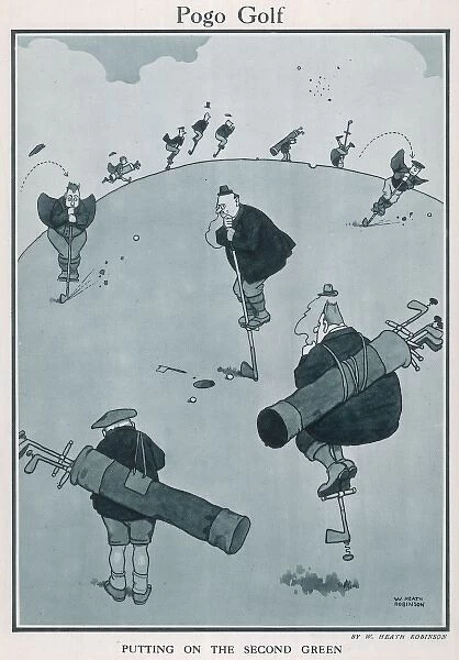 Pogo Golf. Cartoon, Pogo Golf. Men playing golf using clubs as pogo sticks