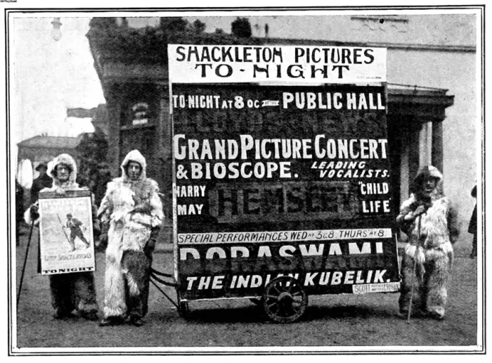 Framed Print : Polar Sandwich-men advertising a screening of Shackleton Pol Framed Print : Polar Sandwich-men advertising a screening of Shackleton Pol