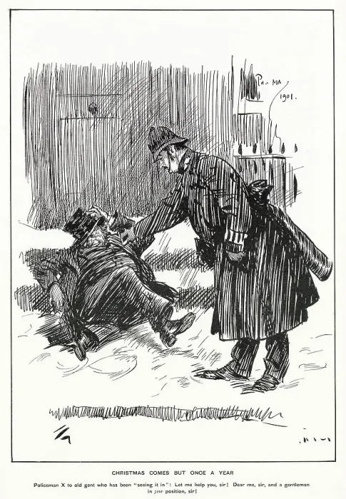 Framed Print : Policeman attending to a extremely drunk man lying on the floor. Date: December 1901 Framed Print : Policeman attending to a extremely drunk man lying on the floor. Date: December 1901