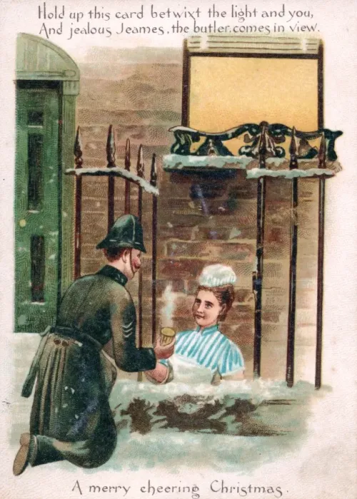 Framed Print : Policeman and housemaid on a comic Christmas card Framed Print : Policeman and housemaid on a comic Christmas card