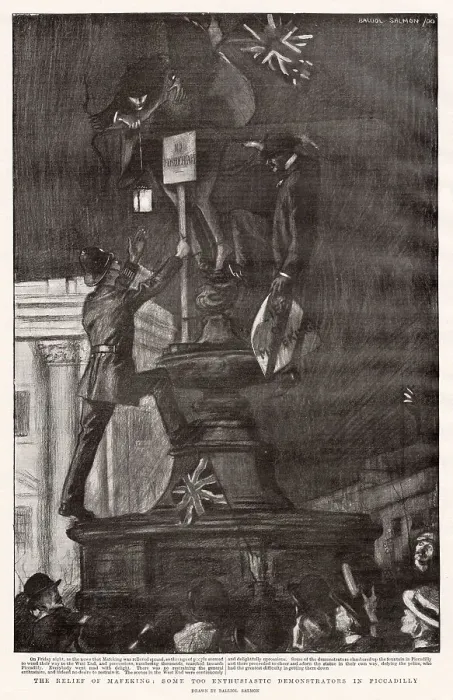 Framed Print : A policeman trying to get down some over-enthusiastic people, celebrating the relief of Mafeking, from the fountain in Piccadilly, London. Date: 1900 Framed Print : A policeman trying to get down some over-enthusiastic people, celebrating the relief of Mafeking, from the fountain in Piccadilly, London. Date: 1900
