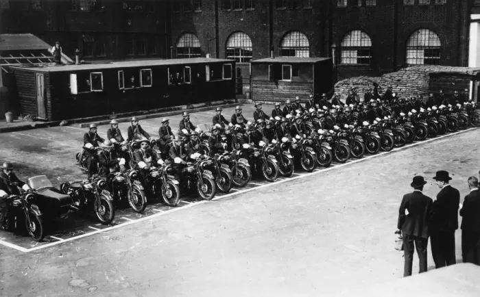 Framed Print : Policemen in gas masks on their motor cycles Framed Print : Policemen in gas masks on their motor cycles