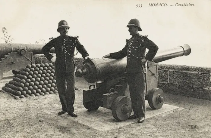 Framed Print : Policemen from Monaco alongside cannon Framed Print : Policemen from Monaco alongside cannon