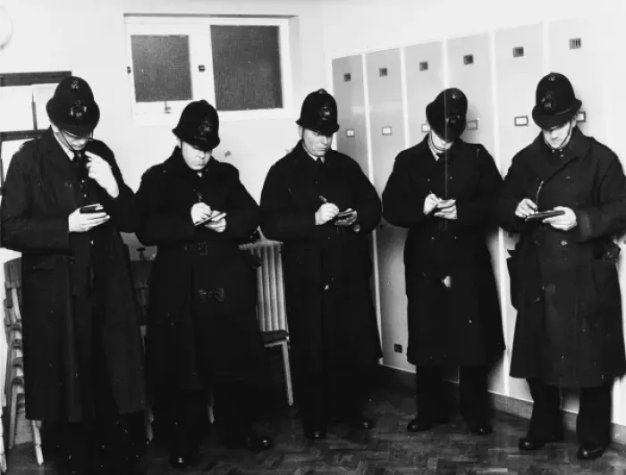 Framed Print : Policemen in station parade room, London Framed Print : Policemen in station parade room, London