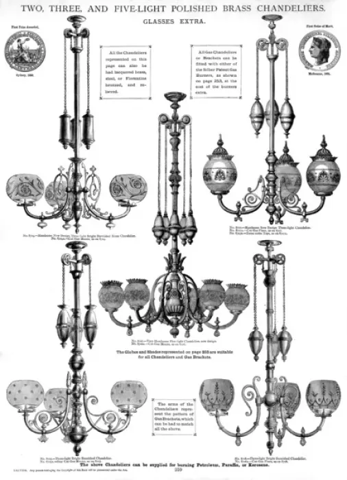 Framed Print : Polished brass chandeliers, Plate 259 Framed Print : Polished brass chandeliers, Plate 259