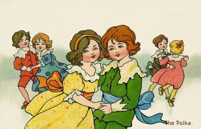 Framed Print : The polka. Three groups of beautiful children in period costume dancing the polka Framed Print : The polka. Three groups of beautiful children in period costume dancing the polka