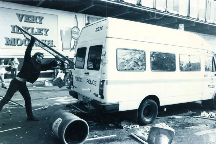 Framed Print : Poll Tax demonstrator and Met Police van, Central London Framed Print : Poll Tax demonstrator and Met Police van, Central London