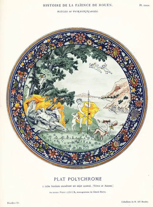 Framed Print : Polychrome plate with figures of Venus and Adonis, Rouen, 1736 Framed Print : Polychrome plate with figures of Venus and Adonis, Rouen, 1736