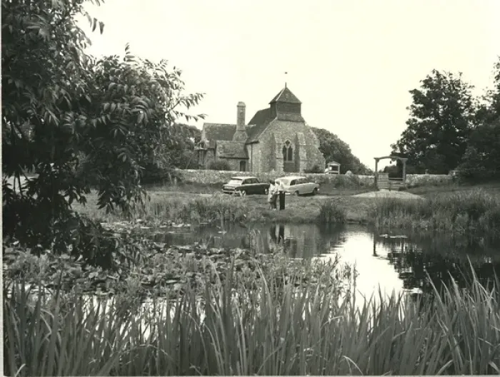 Framed Print : Pond and church at Friston, East Sussex Framed Print : Pond and church at Friston, East Sussex