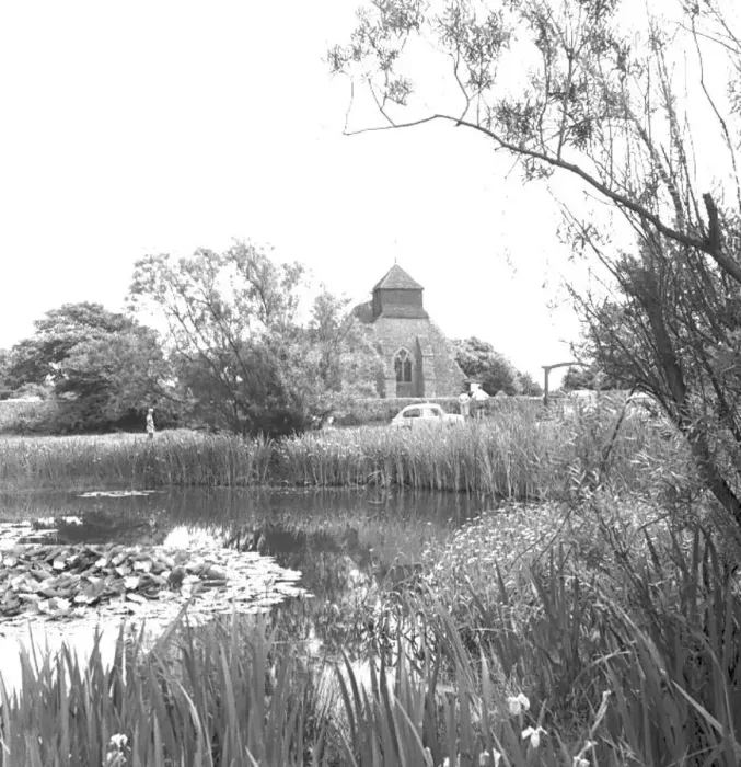 : Pond and church at Friston, East Sussex : Pond and church at Friston, East Sussex