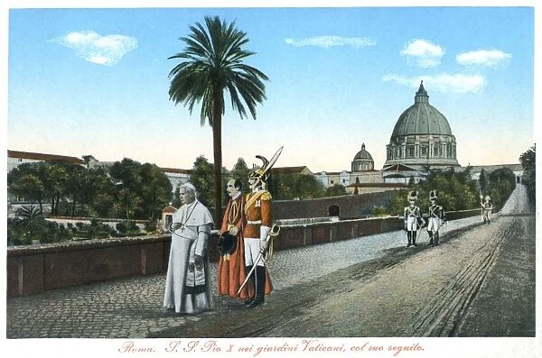 Pope Pius X walks in the Vatican City with Papal Swiss Guard