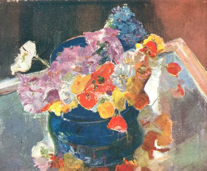 Framed Print : Poppies. A still life painting of a squat blue vase of mulicoloured poppy flowers Framed Print : Poppies. A still life painting of a squat blue vase of mulicoloured poppy flowers
