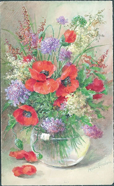 Poppies Scabious and Meadowsweet Flowers in vase