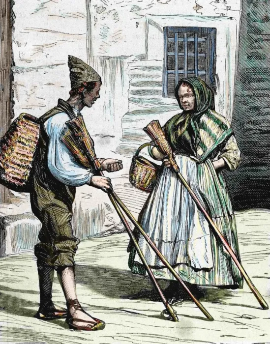 Framed Print : Popular types. Sellers of brooms. Valencia. Spain. Colored e Framed Print : Popular types. Sellers of brooms. Valencia. Spain. Colored e