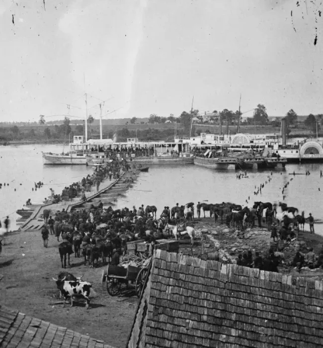 Framed Print : Port Royal, Va. Transports being loaded from a pontoon bridg Framed Print : Port Royal, Va. Transports being loaded from a pontoon bridg
