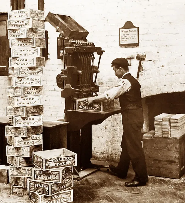 Framed Print : Port Sunlight - nailing wooden boxes - early 1900s Framed Print : Port Sunlight - nailing wooden boxes - early 1900s