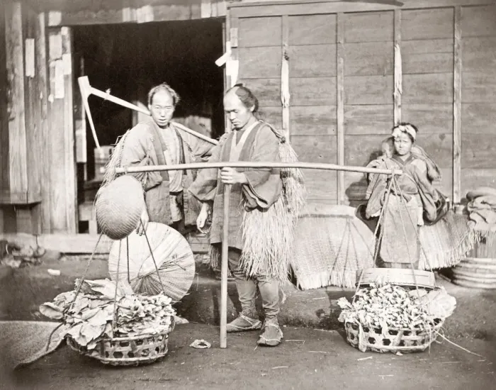 Framed Print : Porter carrying a load of vegetables, Japan, c. 1870s Framed Print : Porter carrying a load of vegetables, Japan, c. 1870s