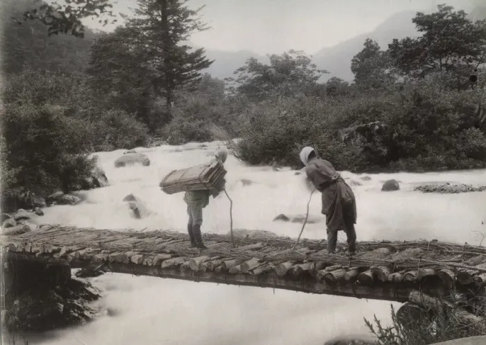 Framed Print : Porters on a bridge over the Daiya River, Nikko, Japan Framed Print : Porters on a bridge over the Daiya River, Nikko, Japan