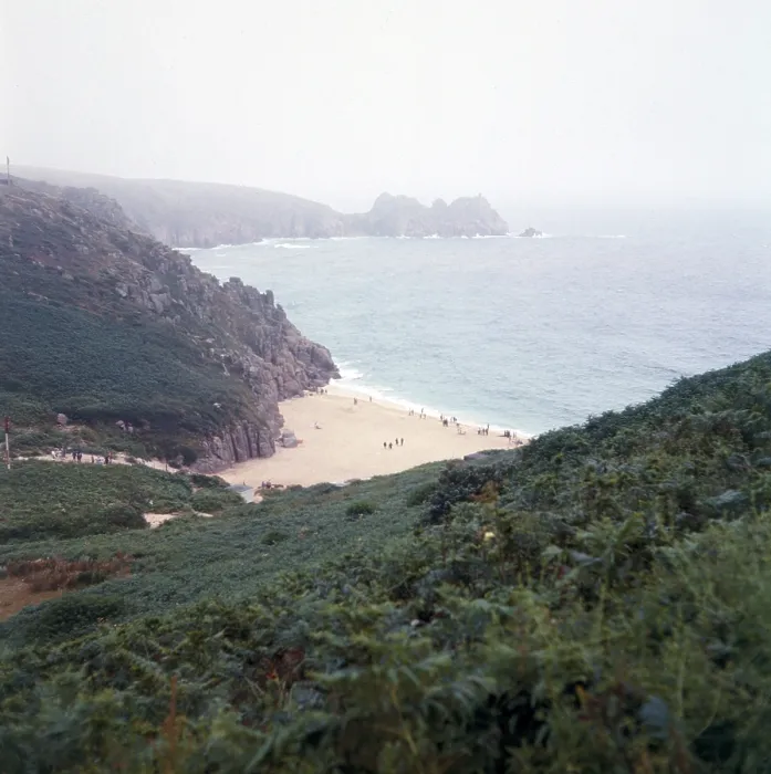 Framed Print : Porthcurno Beach with Logan Rock in distance, near Treen, Co Framed Print : Porthcurno Beach with Logan Rock in distance, near Treen, Co