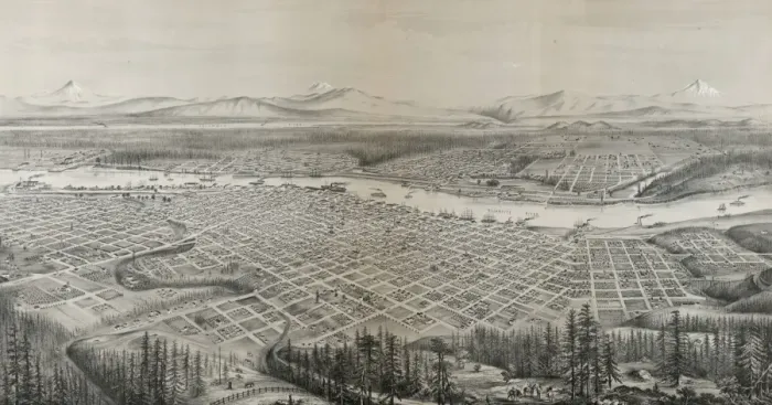 Framed Print : Portland, Oregon, population 22, 000, looking east to the Cas Framed Print : Portland, Oregon, population 22, 000, looking east to the Cas