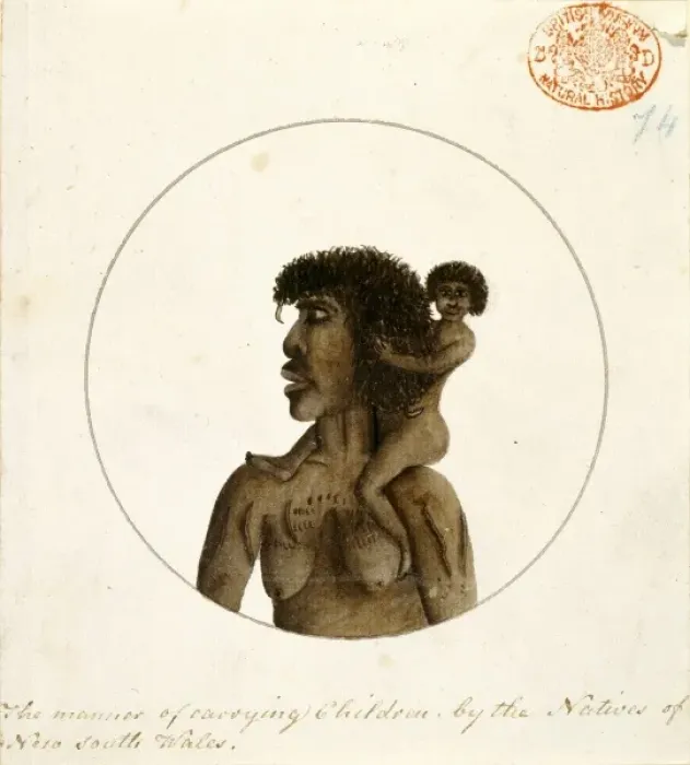 Framed Print : Portrait of an Aboriginal woman carrying a child on her shou Framed Print : Portrait of an Aboriginal woman carrying a child on her shou