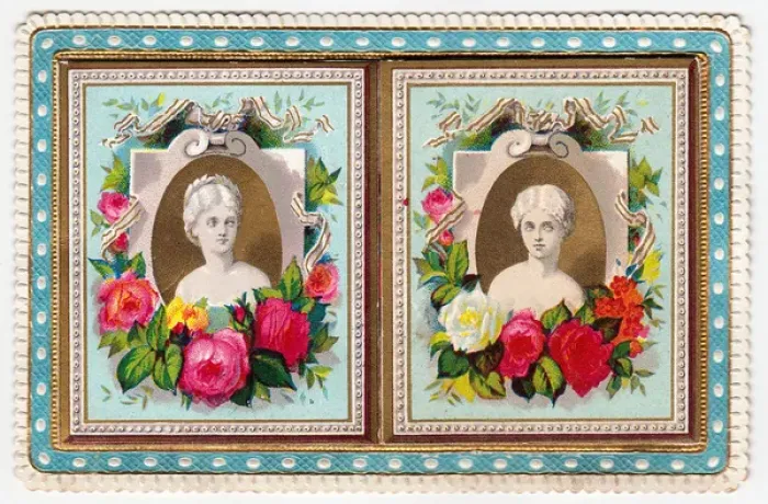 Framed Print : Two portrait busts with flowers on a greetings card Framed Print : Two portrait busts with flowers on a greetings card