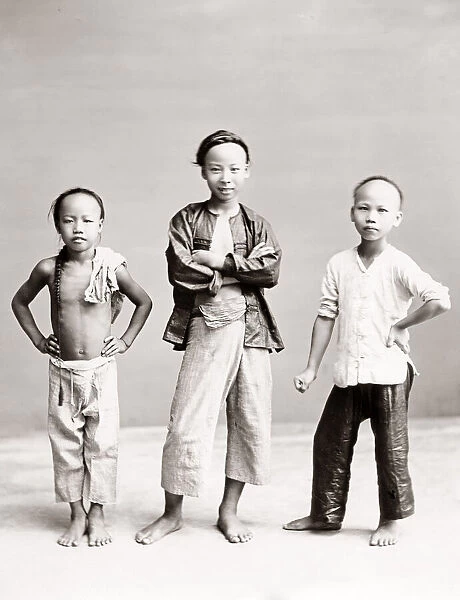 Portrait of three Chinese boys in a studio setting, China, c. 1900