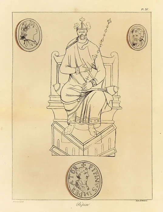 Framed Print : Portrait and coins of Pepin the Short (714-768), King of the Fra Framed Print : Portrait and coins of Pepin the Short (714-768), King of the Fra