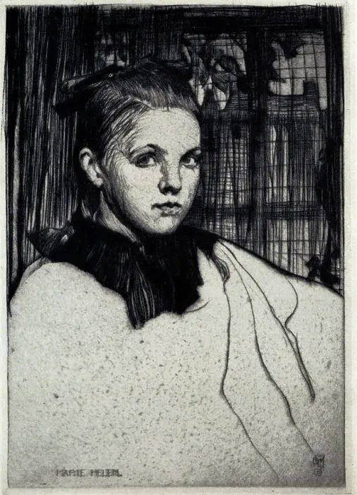 Framed Print : A portrait etching of Marie Helen, a seated girl, looking directly towards the artist. Date: circa 1920 Framed Print : A portrait etching of Marie Helen, a seated girl, looking directly towards the artist. Date: circa 1920