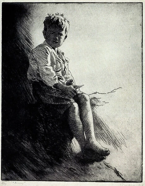 Snowy. A portrait etching of a young bot, seated