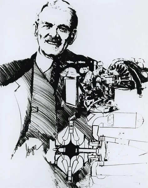 Portrait of F Whittle & workings of jet engine