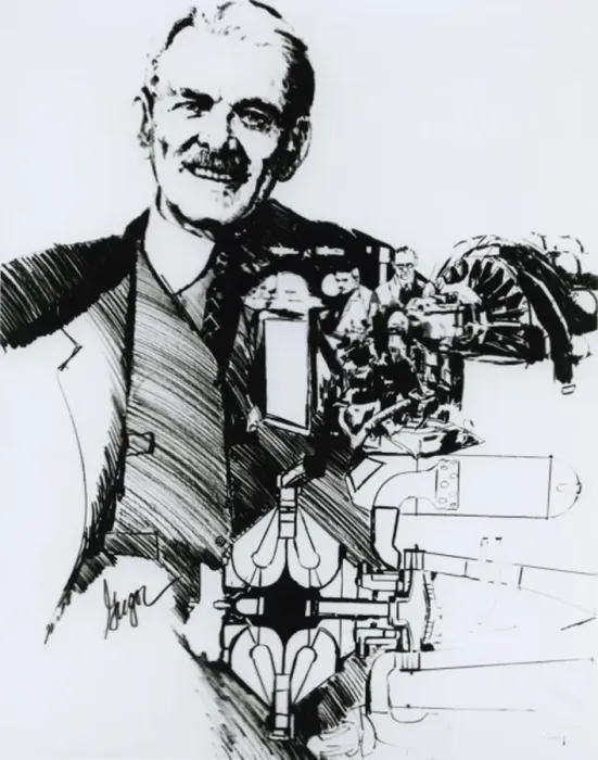 Framed Print : Portrait of F Whittle & workings of jet engine Framed Print : Portrait of F Whittle & workings of jet engine