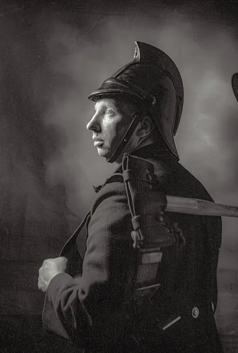 Framed Print : Portrait of fireman in uniform at Coronet photo studio, Haymarket, Sheffield Date: 1948 - 1950 Framed Print : Portrait of fireman in uniform at Coronet photo studio, Haymarket, Sheffield Date: 1948 - 1950