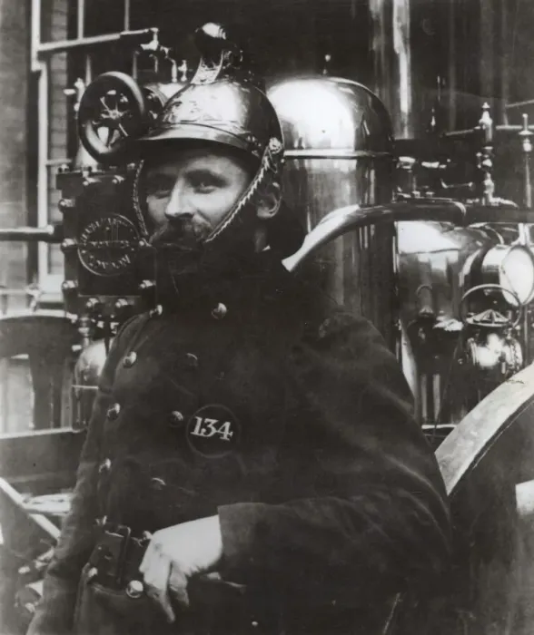 Framed Print : Portrait of a late Victorian MFB fireman with engine Framed Print : Portrait of a late Victorian MFB fireman with engine