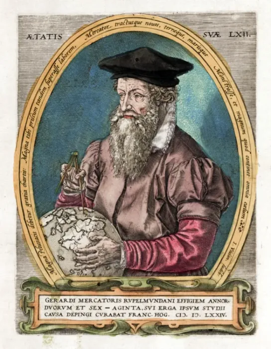 Framed Print : Portrait of Mercator with globe and compass Framed Print : Portrait of Mercator with globe and compass