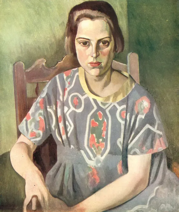 Framed Print : Kitty. A portrait oil painting of Kitty, a seated girl wearing a patterned Framed Print : Kitty. A portrait oil painting of Kitty, a seated girl wearing a patterned
