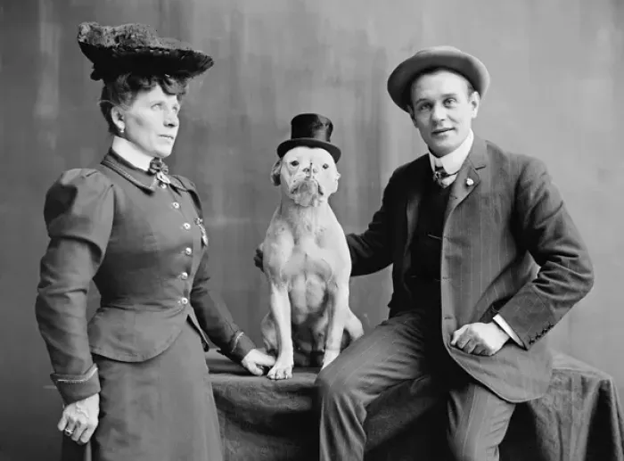 Framed Print : Portrait photo of Mr. and Mrs. Frank Kern and trained dog Bo Framed Print : Portrait photo of Mr. and Mrs. Frank Kern and trained dog Bo
