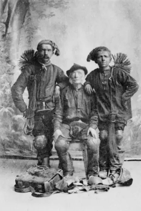 Framed Print : Portrait photograph of three French chimney sweeps Framed Print : Portrait photograph of three French chimney sweeps