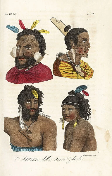 Portraits of Maori warriors with facial tattoos, New Zealand