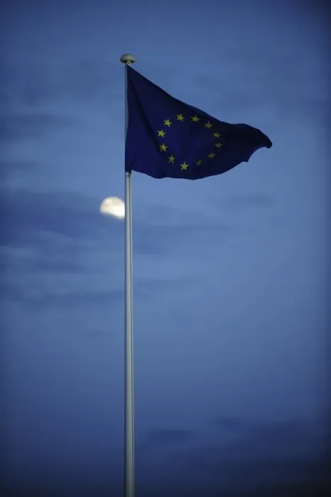 Framed Print : PORTUGAL. Lisbon. An European flag flies as moon Framed Print : PORTUGAL. Lisbon. An European flag flies as moon