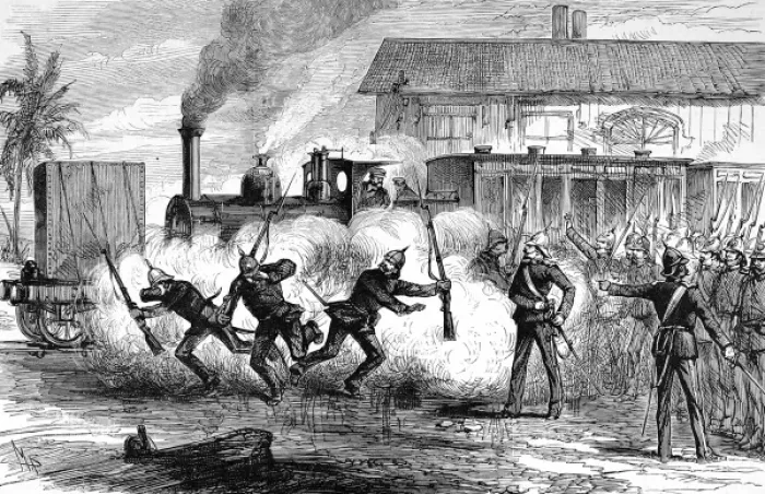Framed Print : The Portuguese Army attempts to seize a railway train, South Framed Print : The Portuguese Army attempts to seize a railway train, South
