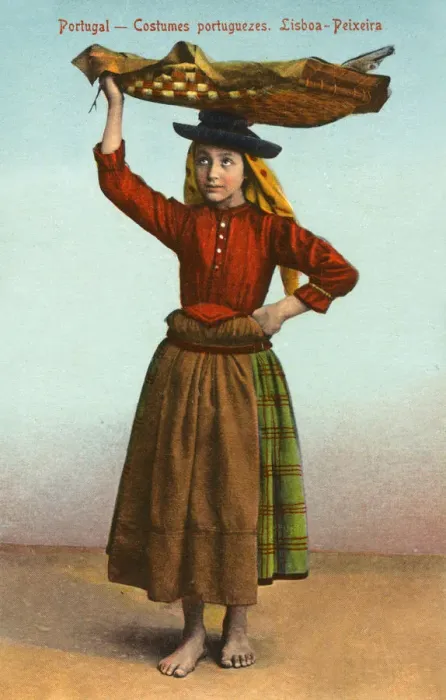 Framed Print : Portuguese girl carrying large flat basket of fish Framed Print : Portuguese girl carrying large flat basket of fish