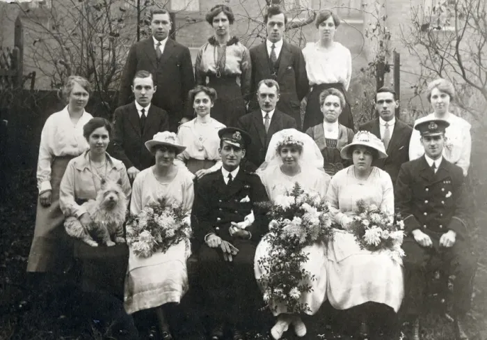 Framed Print : A post WW1 group weddig photograph, taken in a suburban back garden. Date: 1919 Framed Print : A post WW1 group weddig photograph, taken in a suburban back garden. Date: 1919