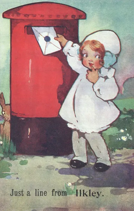 Framed Print : Postbox. Just a line from Ilkley'. Young girl posting a letter Framed Print : Postbox. Just a line from Ilkley'. Young girl posting a letter