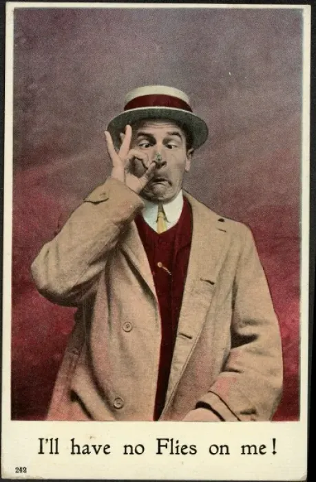 Framed Print : Postcard. A postcard featuring a man with a fly on his nose Framed Print : Postcard. A postcard featuring a man with a fly on his nose
