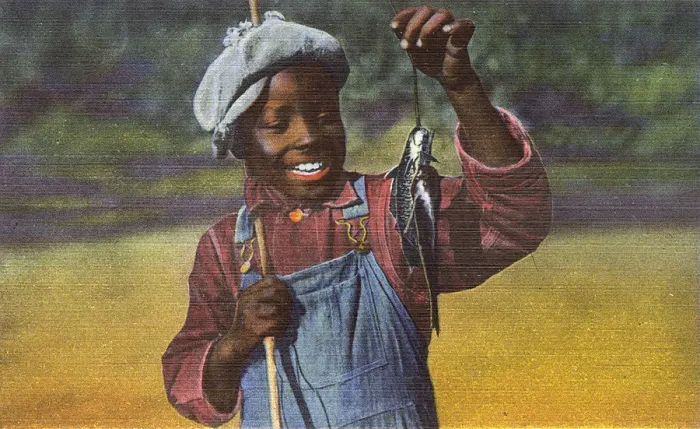 Framed Print : Postcard booklet, boy with fish, Dixieland, USA Framed Print : Postcard booklet, boy with fish, Dixieland, USA