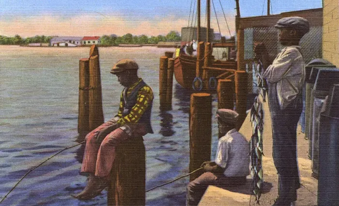 Framed Print : Postcard booklet, three boys fishing, Dixieland, USA Framed Print : Postcard booklet, three boys fishing, Dixieland, USA