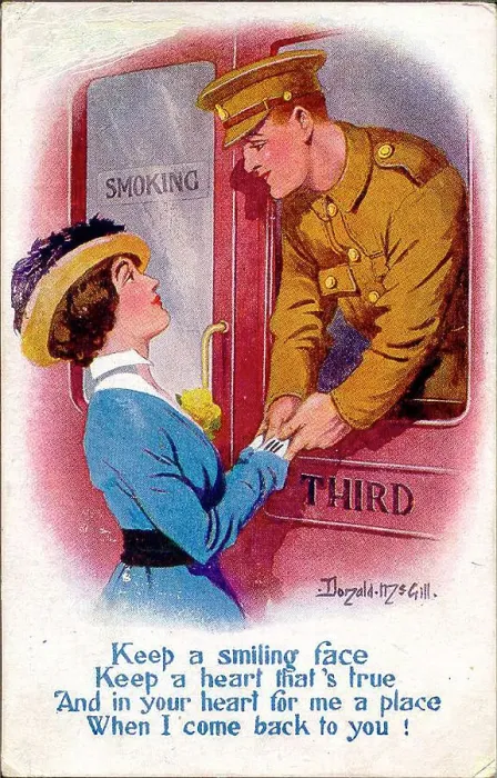 Framed Print : Postcard, British soldier and girlfriend say goodbye. Date: 1914-1918 Framed Print : Postcard, British soldier and girlfriend say goodbye. Date: 1914-1918